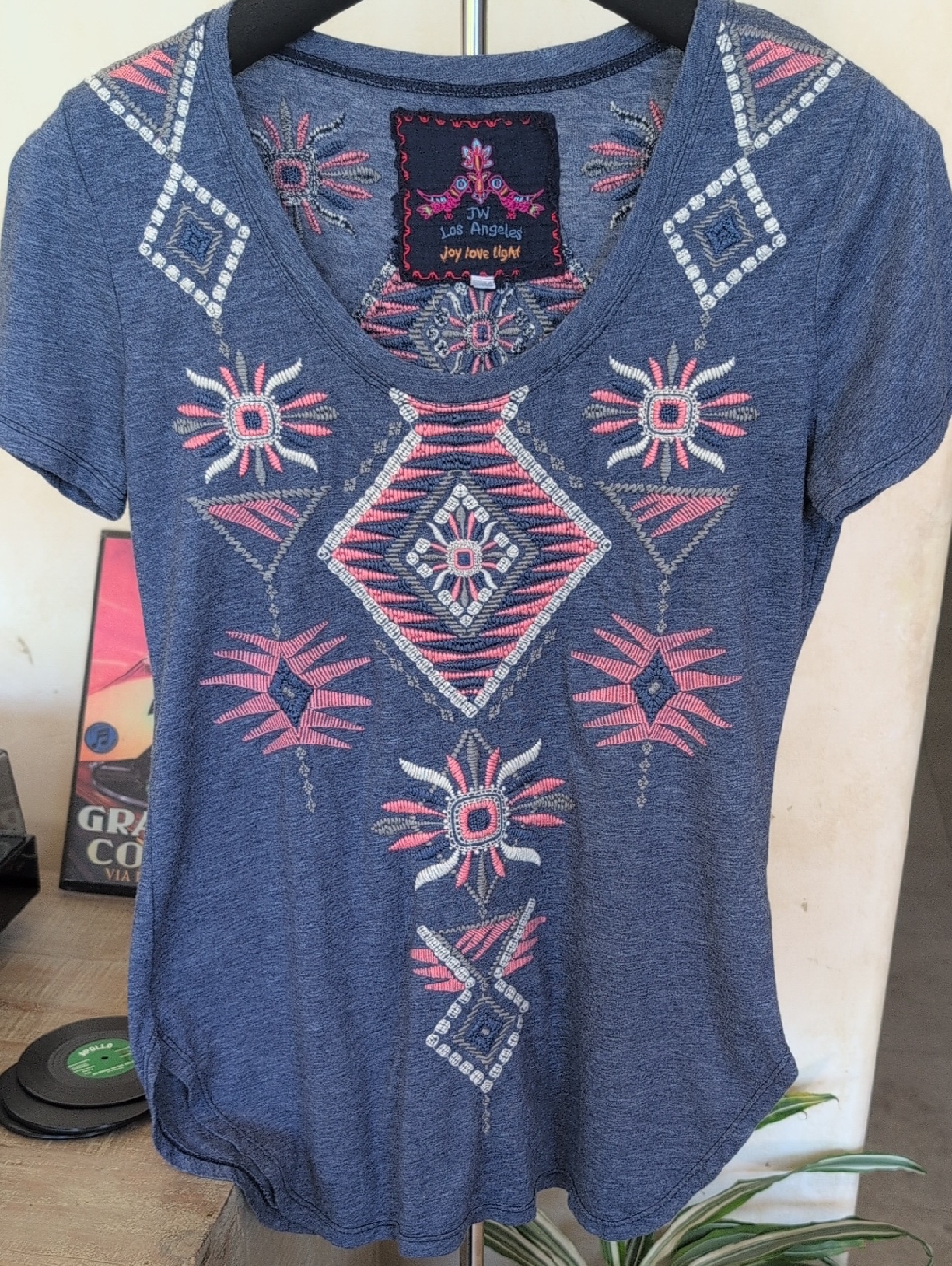 Johnny Was Blue Joy Love Light Embroidered Tee With Pink & White Accents